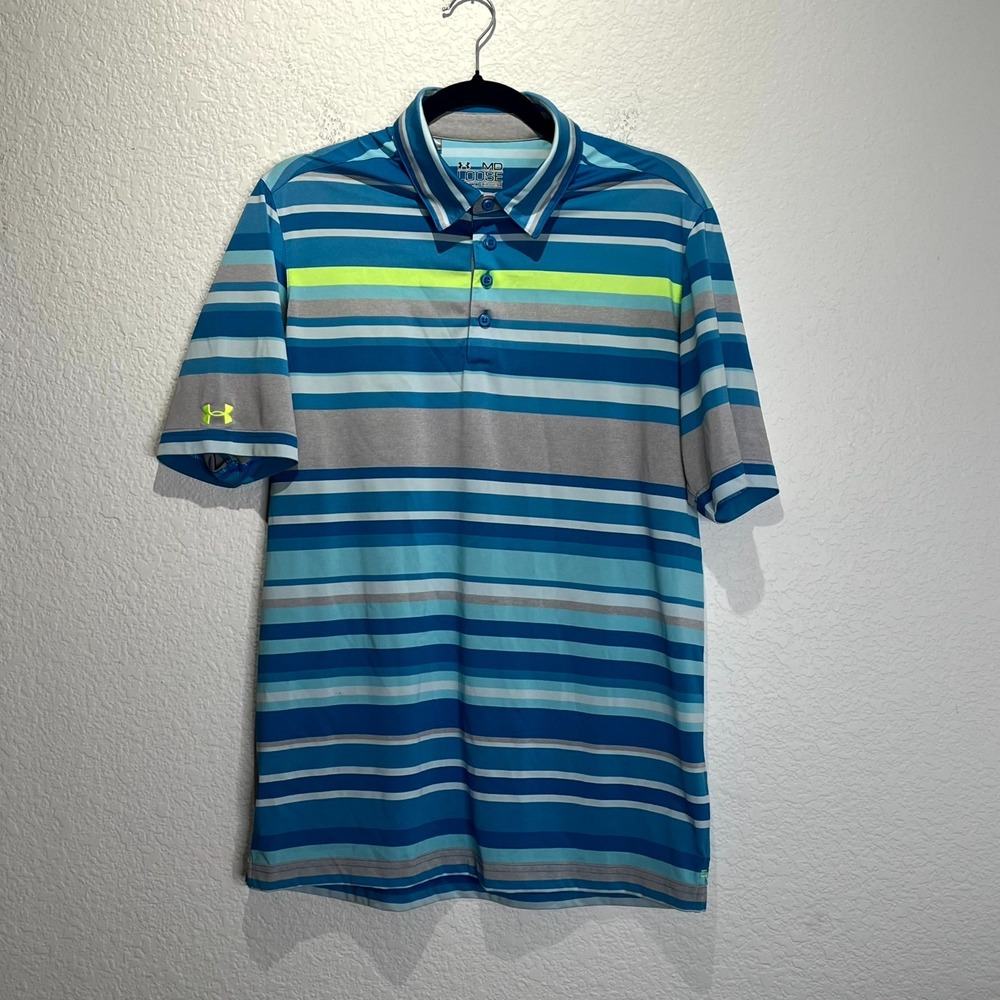 Under Armour Heatgear Polo Shirt Mens Medium Multicolor‎ Striped Logo Loose Fit
